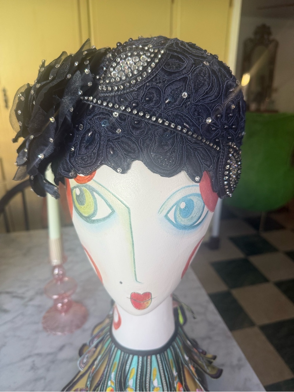 Embellished Navy Floral Lace Cloche Hat for Women